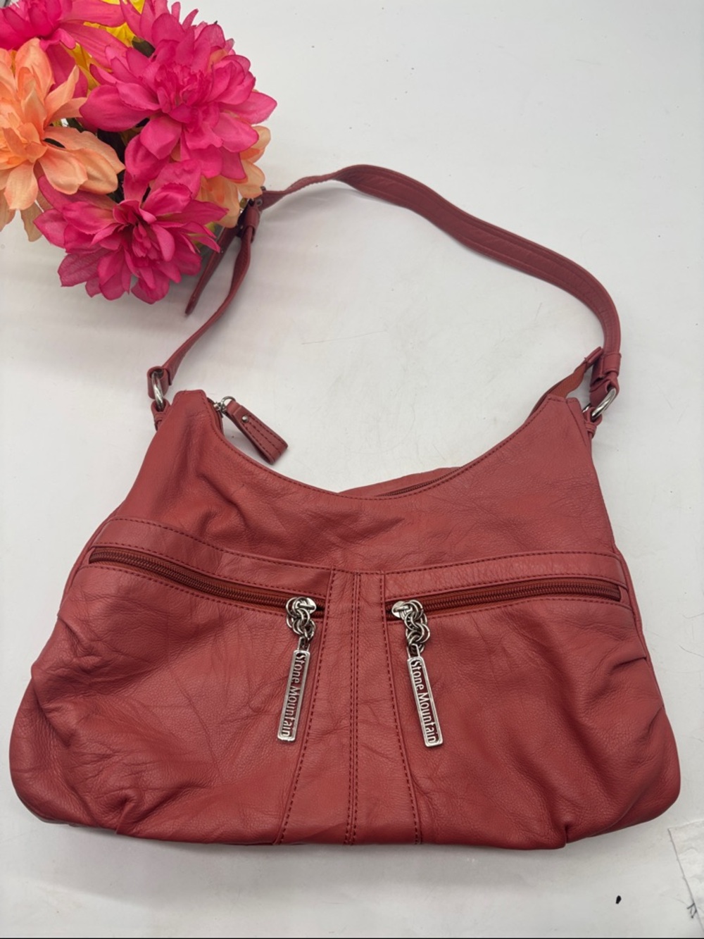 Stone Mountain Accessories Brick Pink Leather Shoulder Bag with Dual Zip Pockets